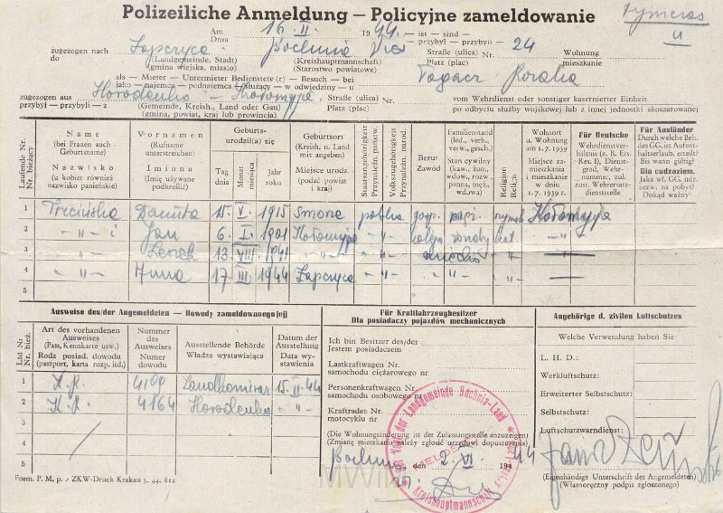KKE 6091.jpg - (niemiecko-polski) Fot. Policyjne zameldowanie dla rodziny Trzcińskich, Bochnia, 2 VI 1944 r.
